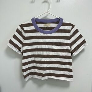 Madewell Brown and White Cropped Tee with Purple Collar